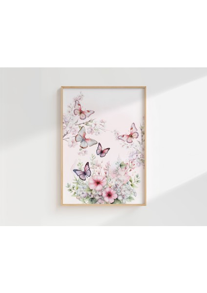 Kelebek ve Çiçek Temalı Kişiye Özel Isimli 3'lü Çocuk Odası Dekoratif Poster Seti - Çerçevesiz
