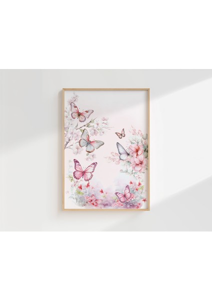 Kelebek ve Çiçek Temalı Kişiye Özel Isimli 3'lü Çocuk Odası Dekoratif Poster Seti - Çerçevesiz