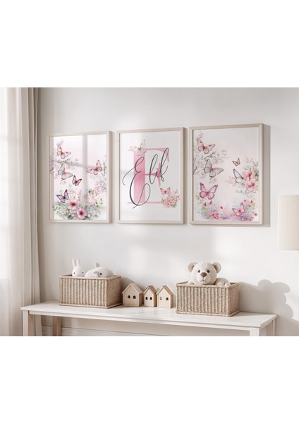 Kelebek ve Çiçek Temalı Kişiye Özel Isimli 3'lü Çocuk Odası Dekoratif Poster Seti - Çerçevesiz