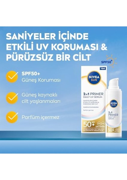 Nıvea Sun SPF50 Nemlendirici Primer Serum 30ML, Makyaj Bazı, Hyaluron, Antioksidan, Yüksek Güneş Koruyucu