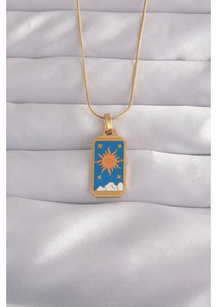 Bfs 316L Çelik Gold Renk Mavi Mineli Güneş Model Tarot Kolye