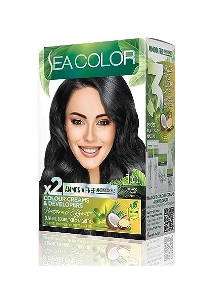 Sea Color Amonyaksız, Vegan, Doğal, Besleyici Kalıcı Saç BOYASI%100 Beyaz Kapama (1 Paket 2 x 50 ml Boya & Oksidan)(Siyah 1.0)