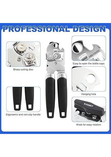Manuel Konserve Açacağı, Gıdaya Uygun Paslanmaz Çelik, Pürüzsüz Kenar, Teneke Kapak Kavanoz Şişe Kapağı Açacakları Kaymaz Saplı ve Artrit Yaşlılar Için Ergonomik Dönüş Topuzu (Siyah) modelleri