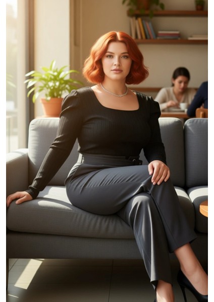 Kadın Kare Yaka Puf Kollu Ince Triko Üst Kaliteli Şık Rahat Modern Zarif Günlük fırsatları