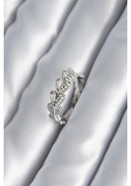 Bfs Pirinç Gümüş Renk Kalp Model Inci Detay Kadın Yüzük