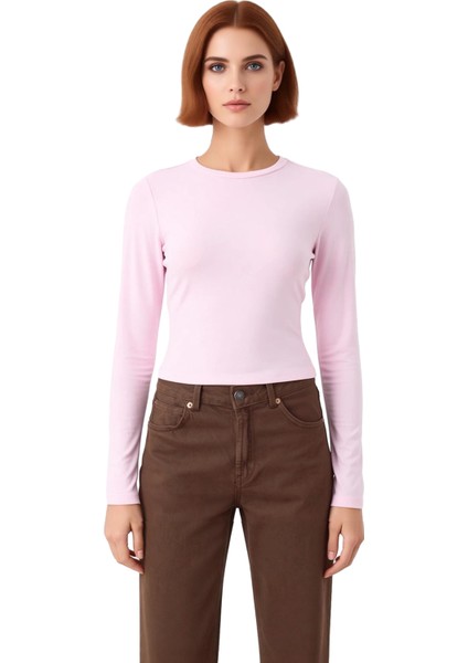 Kadın Moda Şık Üst Giyim Crop Bisiklet Yaka Slim Kalıp Örme Viskon Esnek Bluz fiyatları