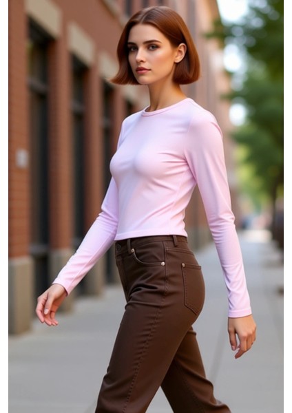 Kadın Moda Şık Üst Giyim Crop Bisiklet Yaka Slim Kalıp Örme Viskon Esnek Bluz fırsatları