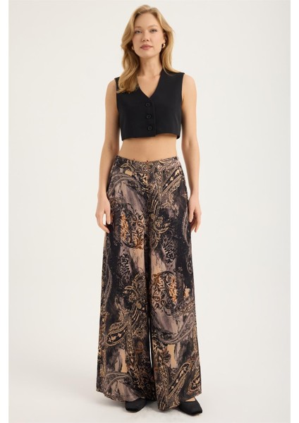 Şal Desenli Geniş Pantolon