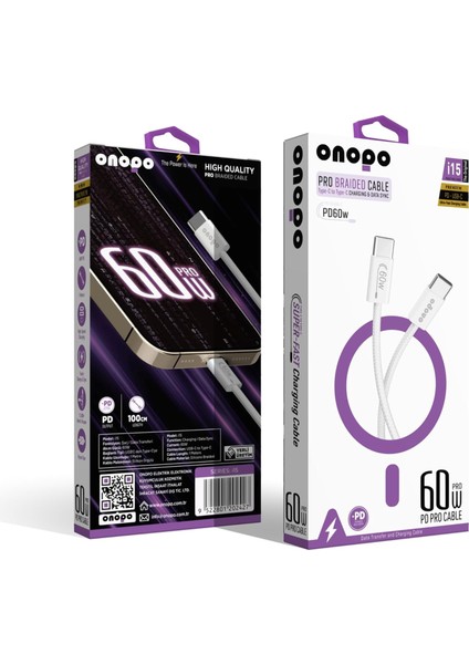 Uyumlu Pro Örgülü Kablo Type-C To Type-C Şarj ve Data Kablosu 60W - I15 | 3.4A Hızlı Şarj | 1m Uzunluk | Şık Beyaz Tasarım | Slikon Örgülü