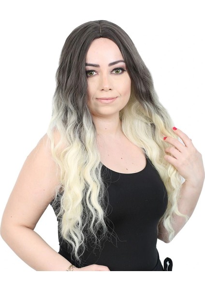 Su Dalgası Uzun Perçemsiz Fiber Sentetik Peruk - Küllü Siyah / Platin Ombreli