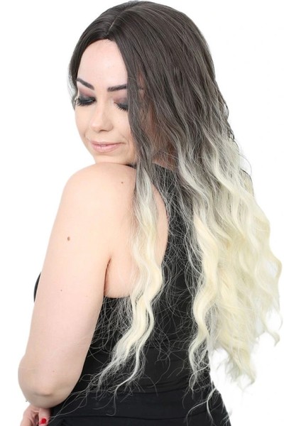 Su Dalgası Uzun Perçemsiz Fiber Sentetik Peruk - Küllü Siyah / Platin Ombreli modelleri