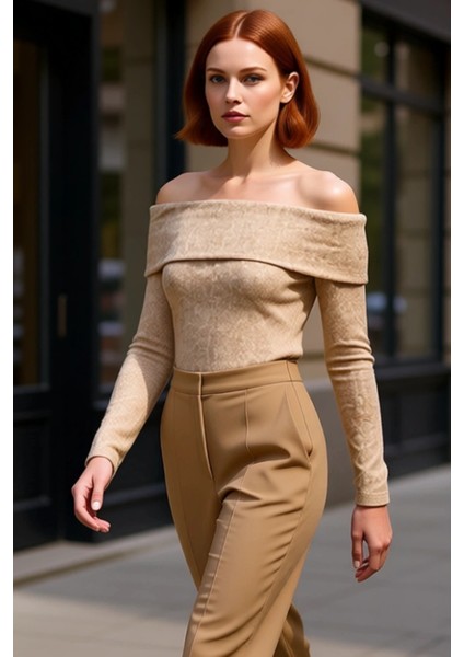 Kadın Fitted Carmen Yaka Düşük Omuzlu Uzun Kollu Örme Bluz Kaliteli Şık Rahat Modern Zarif modelleri