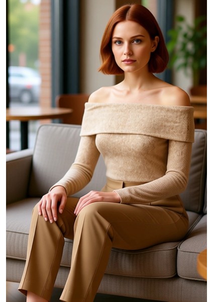 Kadın Fitted Carmen Yaka Düşük Omuzlu Uzun Kollu Örme Bluz Kaliteli Şık Rahat Modern Zarif fırsatları