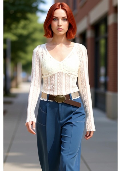 Kadın V Yaka Büzgülü Ispanyol Kol Dantel Örme Kaliteli Şık Rahat Modern Zarif Günlük