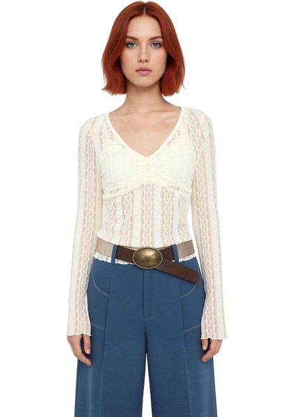 Kadın V Yaka Büzgülü Ispanyol Kol Dantel Örme Kaliteli Şık Rahat Modern Zarif Günlük modelleri