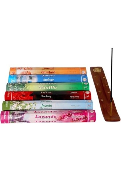 Çubuk Tütsü Seti, 6&apos;lı Set 6X20 (120 Çubuk), Ahşap Tütsü Kayığı, Tütsülük, Vanilya,, Lavanta, Kırmızı Gül, Yasemin, Sandal modelleri