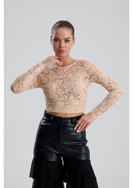 Dantel Uzun Kollu Crop Bluz | BUST36259