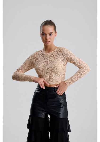 Dantel Uzun Kollu Crop Bluz | BUST36259