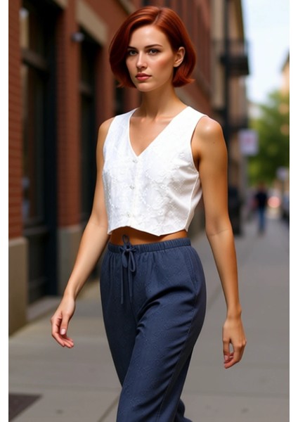 Kadın V Yaka Kolsuz Brode Detaylı Crop Bluz Kaliteli Şık Rahat Modern Zarif Günlük