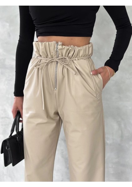 Kendinden İnce Kemerli Deri Pantolon Bej fiyatları