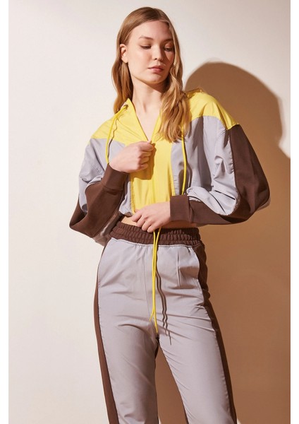 Kadın Salaş Fermuarlı Croplu Kapşonlu Sweatshirt Lastik Paça Spor Şık Eşofman Takımı fiyatları