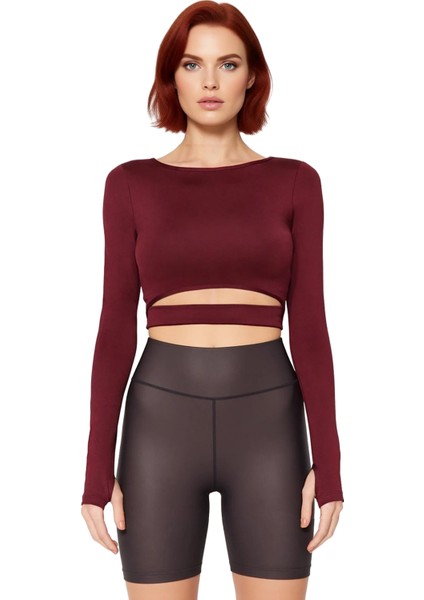 Kadın Crop Bisiklet Yaka Fitted Kalıp Örme Pencere Cut Out ve Baş Parmak Delik Detaylı Spor Üst Bluz fiyatları