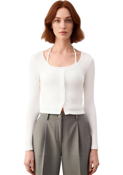 Kadın Düğmeli Bisiklet Yaka Vücuda Oturan Uzun Kollu Örme Üst Kaliteli Şık Rahat Modern Zarif