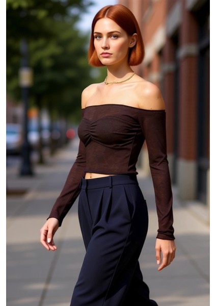 Kadın Carmen Yaka Düşük Kol Uzun Kollu Örme Kaliteli Şık Rahat Modern Zarif Günlük