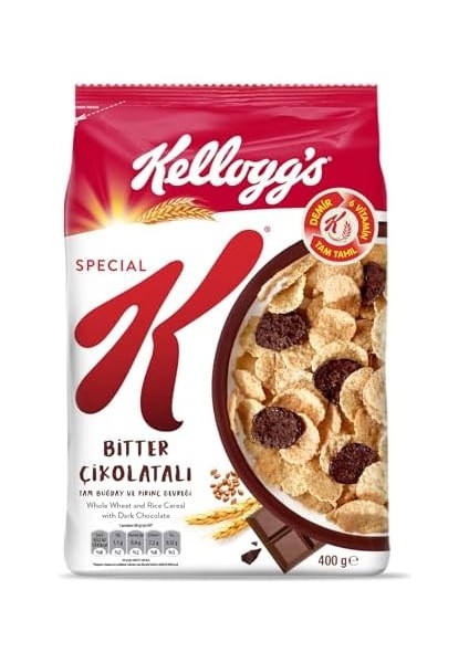 Kellogg's Special K Bitter Çikolatalı Kahvaltılık Tam Buğday ve Pirinç Gevreği 400 Gr,tam Tahıllı,lif Kaynağı,demir ve 6 Vitamin Kaynağı,folik Asit ve Minarel Içerir,en Az %42 Kakao Kitlesi Içerir
