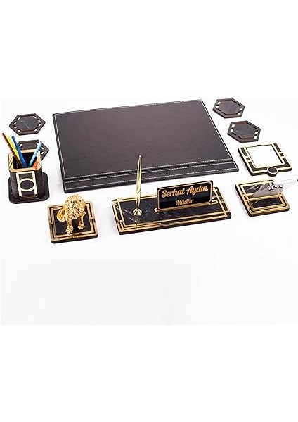 Aslan Biblolu Altın Deri Sümen Takımı Mermer Desen Ahşap Isme Özel Masa Isimliği Masaüstü Isimlik indirimleri