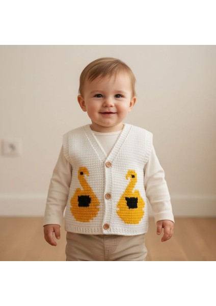 6408 El Örgüsü Kuğu Desenli Örgü Yelek - 1 - 2 Yaş