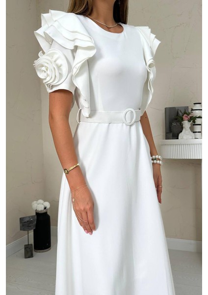 A Kesim Kemerli Kolları Volanlı Elbise