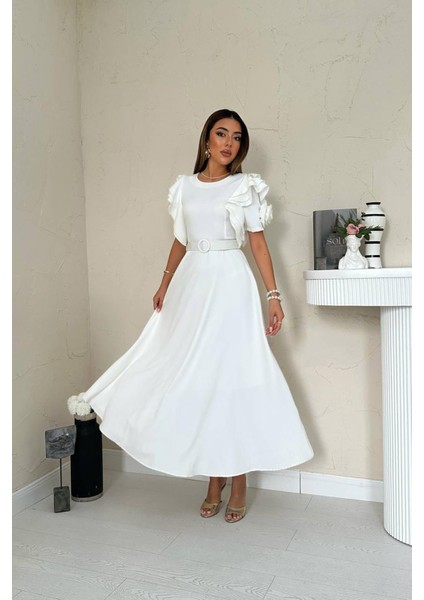 A Kesim Kemerli Kolları Volanlı Elbise indirimleri