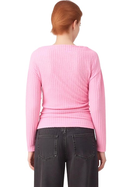 Kadın Esnek Örme Gofre Kayık Yaka Büzgülü Uzun Kollu Bluz Kaliteli Şık Rahat Modern Zarif Günlük fiyatları