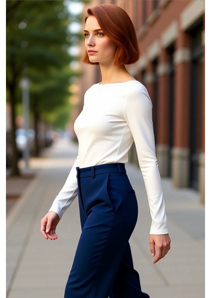 Kadın Vücuda Oturan Kayık Yaka Uzun Kollu Esnek Örme Kaliteli Şık Rahat Modern Zarif Günlük