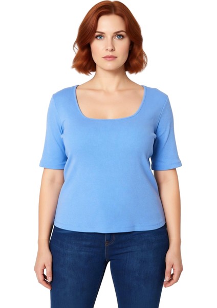 Büyük Beden Kadın Fitted Kaşkorse Örme Kare Yaka Tişört Kaliteli Şık Rahat Modern Zarif Günlük fiyatları