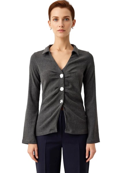 Kadın Polo Yaka Düğmeli Büzgülü Örme Üst Kaliteli Şık Rahat Modern Zarif Günlük fiyatları