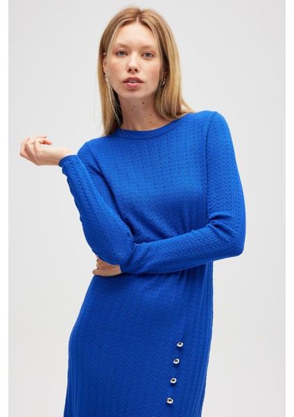 Zaira Mini Saç Örgü Desenli, Yırtmaçlı Elbise - Saks Mavi modelleri