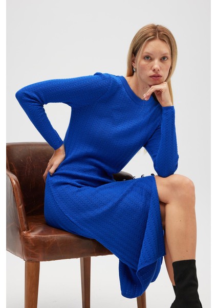 Zaira Mini Saç Örgü Desenli, Yırtmaçlı Elbise - Saks Mavi indirimleri