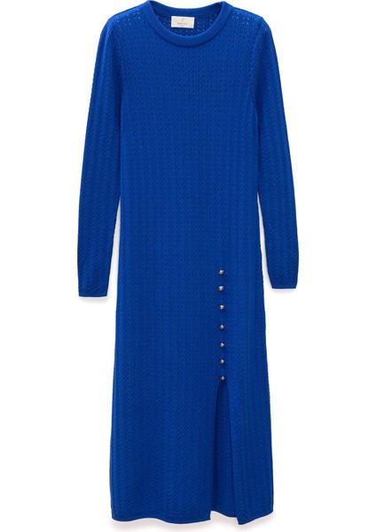 Zaira Mini Saç Örgü Desenli, Yırtmaçlı Elbise - Saks Mavi