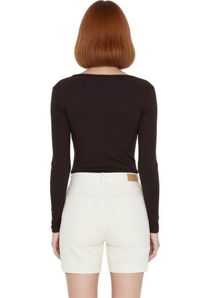 Kadın Vücuda Oturan Kare Yaka Uzun Kollu Örme Crop Üst Kaliteli Şık Rahat Modern Zarif Günlük fiyatları