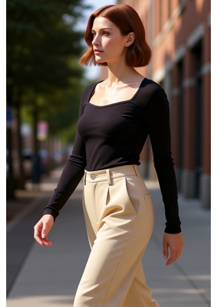 Kadın Vücuda Oturan Kare Yaka Uzun Kollu Örme Crop Üst Kaliteli Şık Rahat Modern Zarif Günlük modelleri