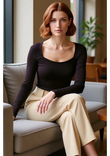 Kadın Vücuda Oturan Kare Yaka Uzun Kollu Örme Crop Üst Kaliteli Şık Rahat Modern Zarif Günlük fırsatları