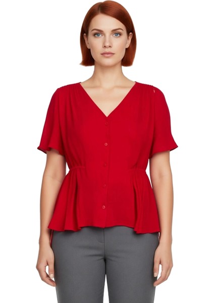 Kadın Haki V Yaka Kısa Kollu Bağlamalı Düğmeli Aerobin Dokuma Bluz Yazlık Günlük Kullanım Için Cool modelleri