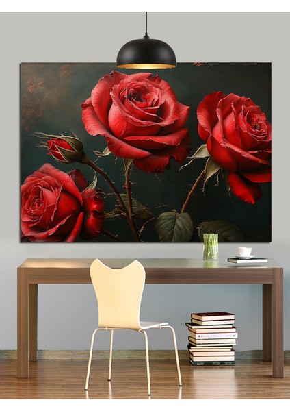Kırmızı Kadife Güller Karanlık Dekoratif Kanvas - Mdf Ahşap Tablo