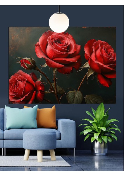 Kırmızı Kadife Güller Karanlık Dekoratif Kanvas - Mdf Ahşap Tablo fiyatları