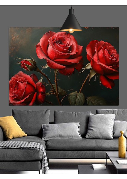 Kırmızı Kadife Güller Karanlık Dekoratif Kanvas - Mdf Ahşap Tablo fırsatları