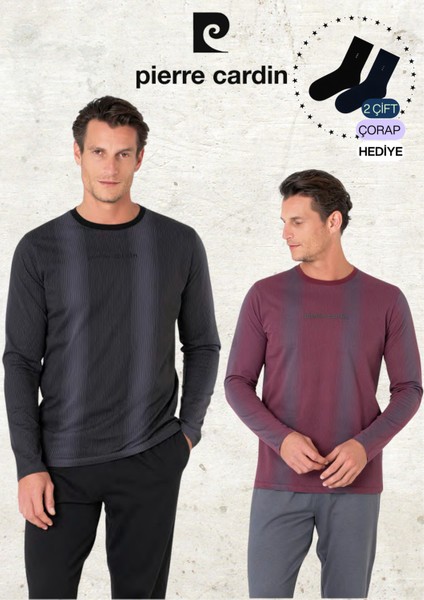 Erkek %100 Pamuk Uzun Kol Çizgi Detaylı Siyah & Bordo Iki Adet Pijama Takımı L1.PC.6105.002