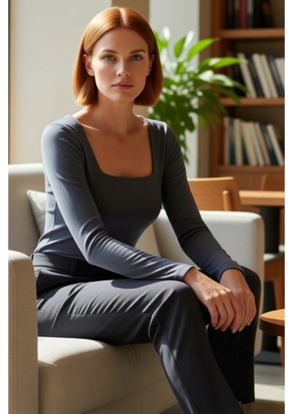 Kadın Moda Şık Üst Giyim Regular Kare Yaka Slim Kalıp Örme Pamuklu Fit Bluz