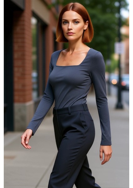 Kadın Moda Şık Üst Giyim Regular Kare Yaka Slim Kalıp Örme Pamuklu Fit Bluz fırsatları